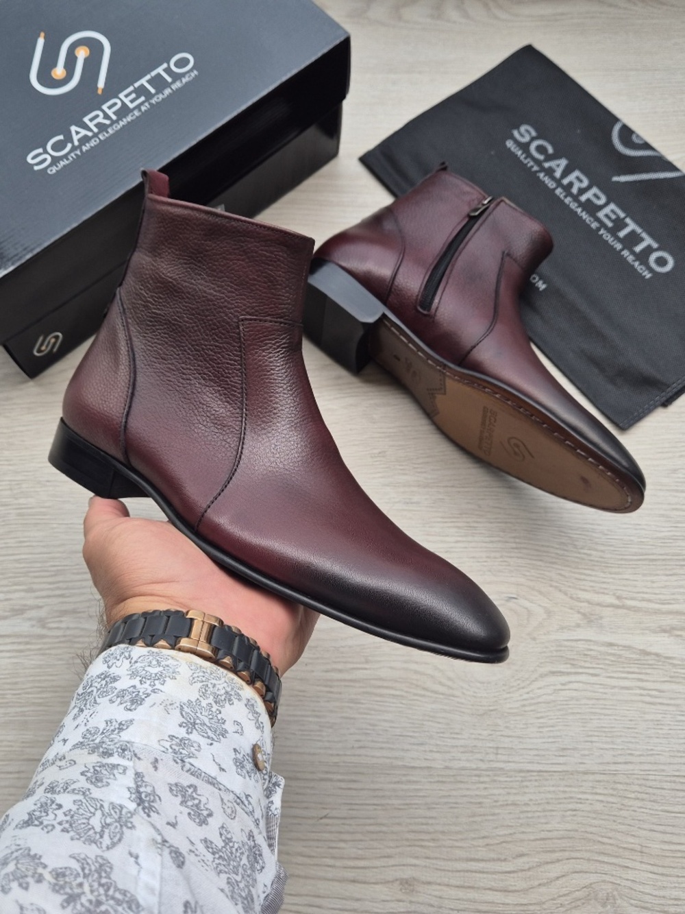 Burgundy Leather Chelsea Boots: Pebbled Grain, Pointed Toe, Slip-On Style